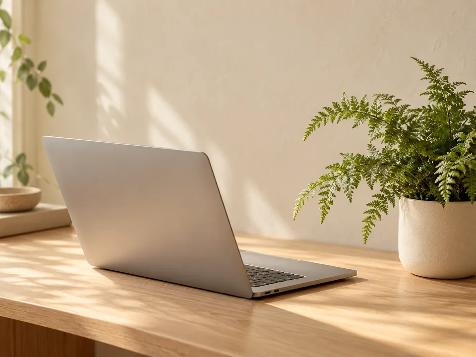 A laptop and green plant on a warm oak workspace.