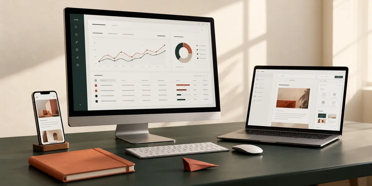 Conceptual digital marketing workspace with analytics on a monitor, an email editor on a laptop and a mobile website preview.