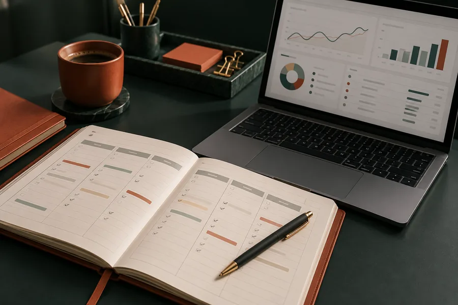 Conceptual planning workspace with an open weekly planner and a laptop displaying marketing reports.