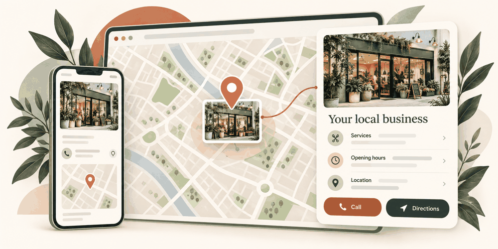 Illustrative local map, storefront, and business profile concept; not an actual Google Maps listing or ranking.