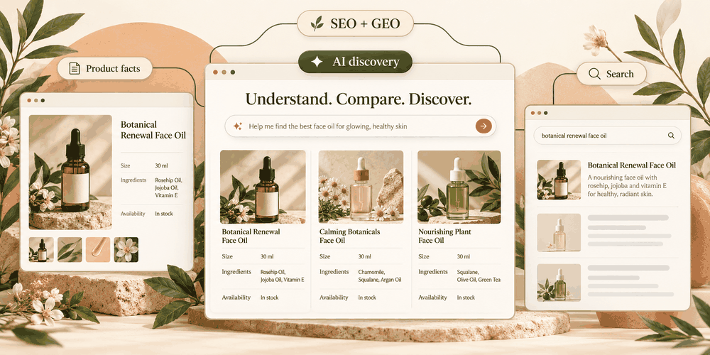 Illustrative SEO and GEO journey with an AI product comparison in the center, supported by product information and search.