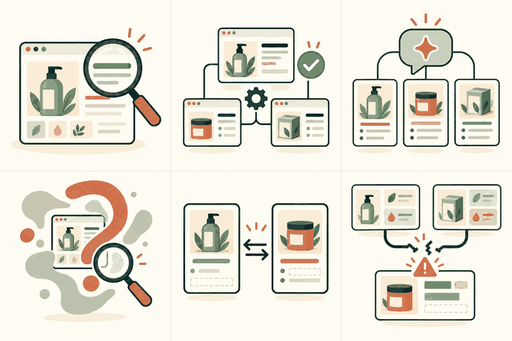 Six conceptual illustrations of search discovery, technical accessibility, AI understanding, and product information gaps.
