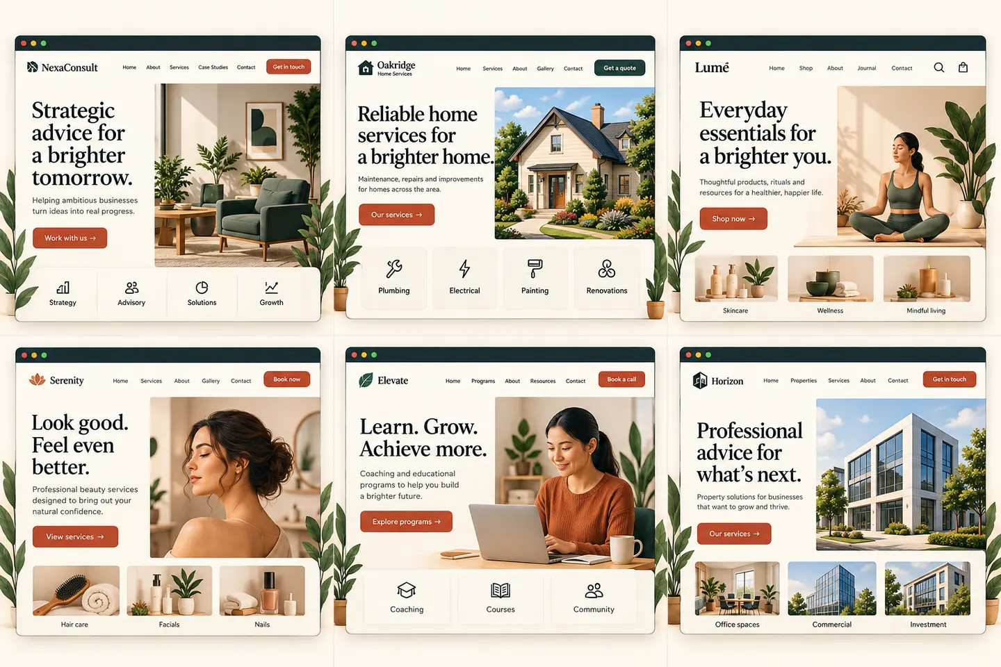 Six illustrative service-business website designs.