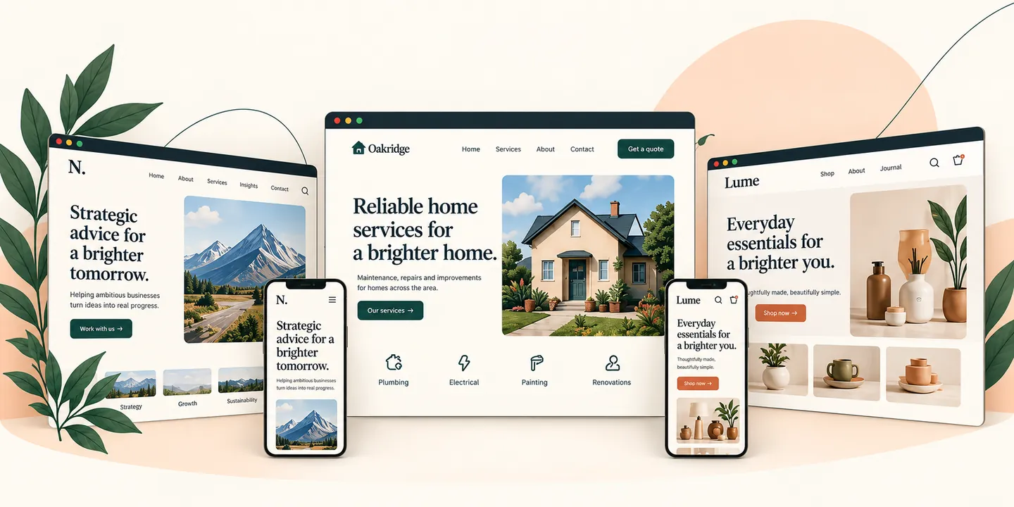 Illustrative consulting, home-services, and online-store website concepts on desktop and mobile screens.
