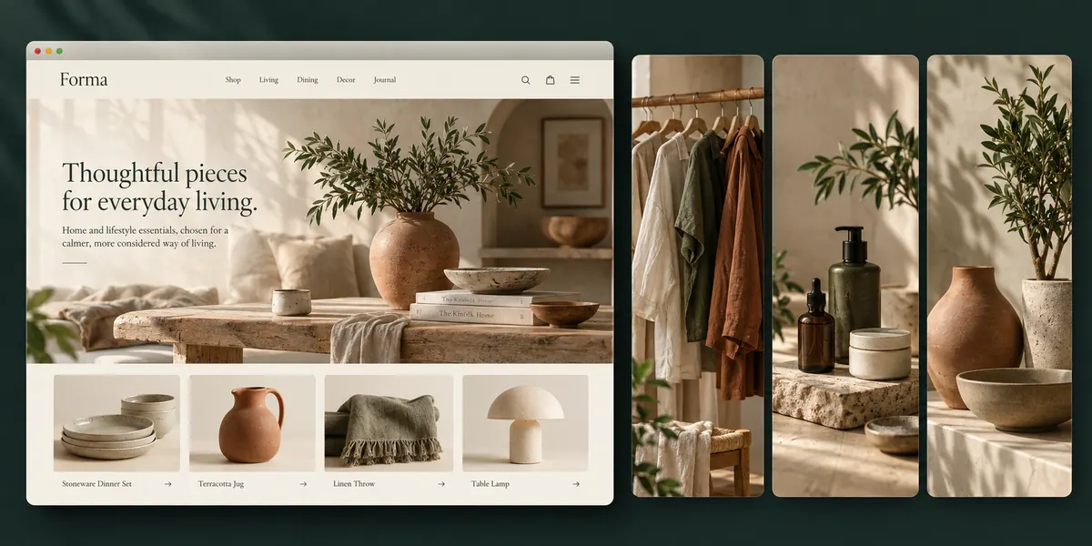 Illustrative online-store design and fashion, skincare, and home-product examples.